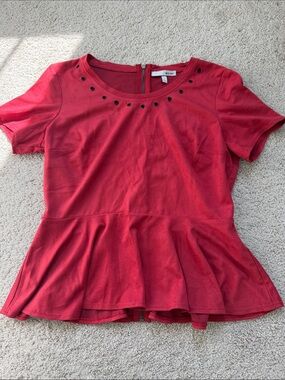 WD.NY Red Short-Sleeve Peplum Top with Eyelet Trim